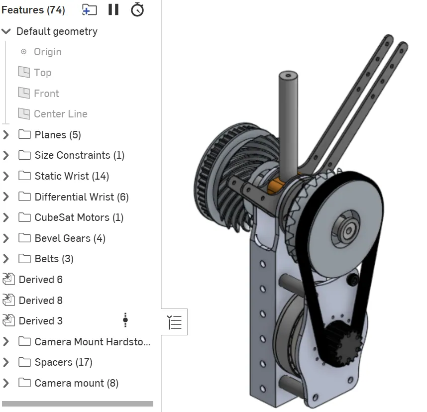 Onshape tree: static wrist, differential wrist, motors, bevel gears, belts
