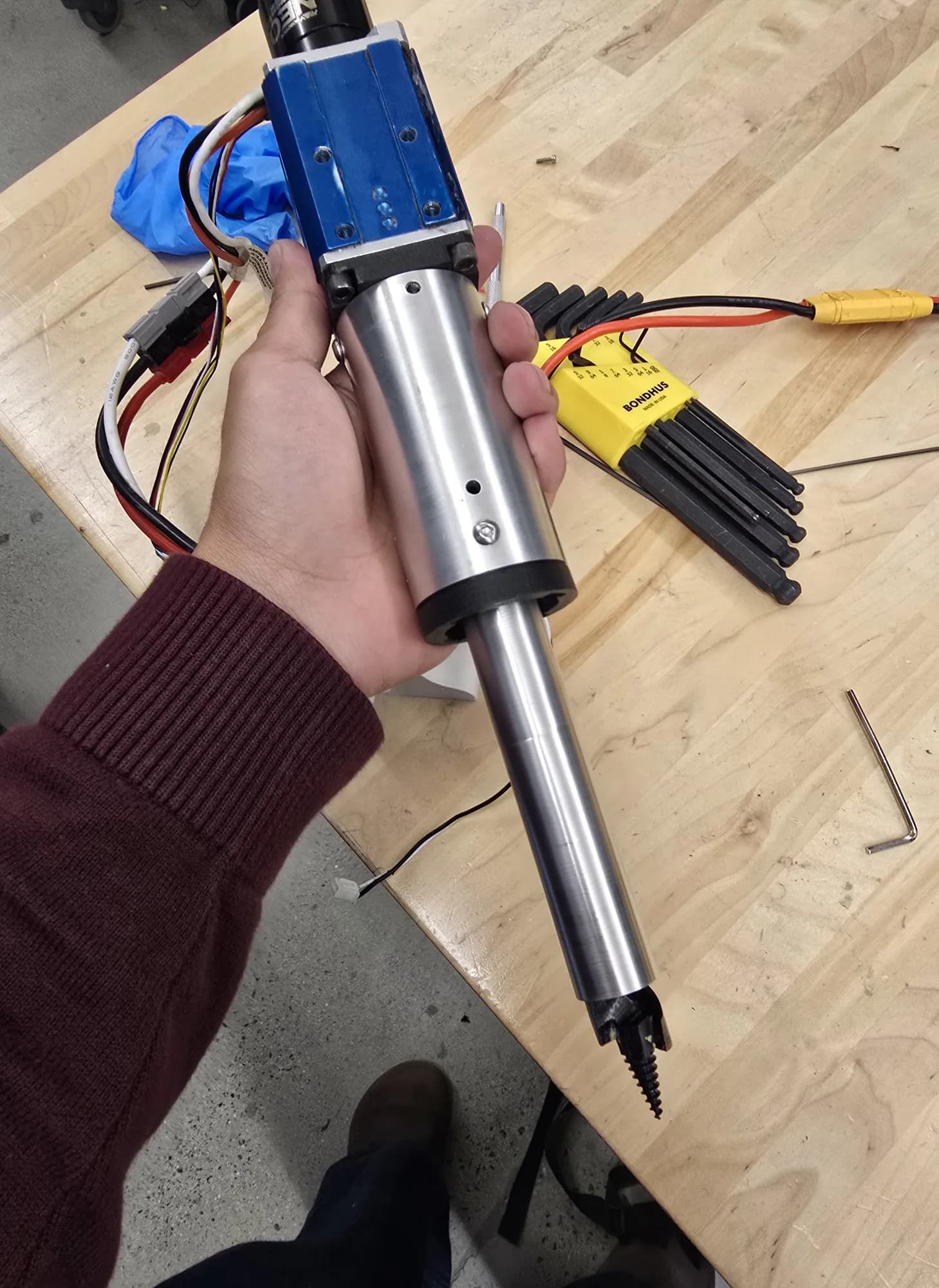 Drill assembly in hand: NEO 550, gearbox, cache tube