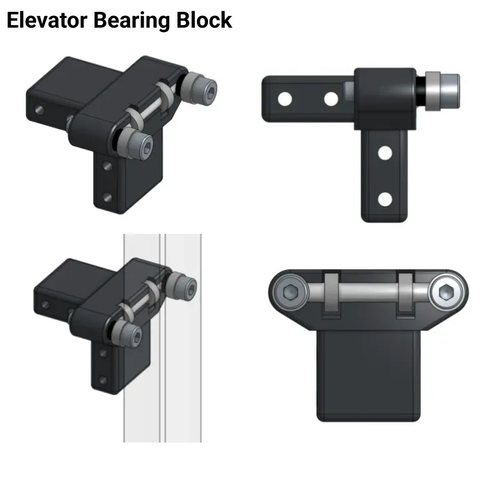 Elevator bearing block: 8 mm bearings guiding the tubes