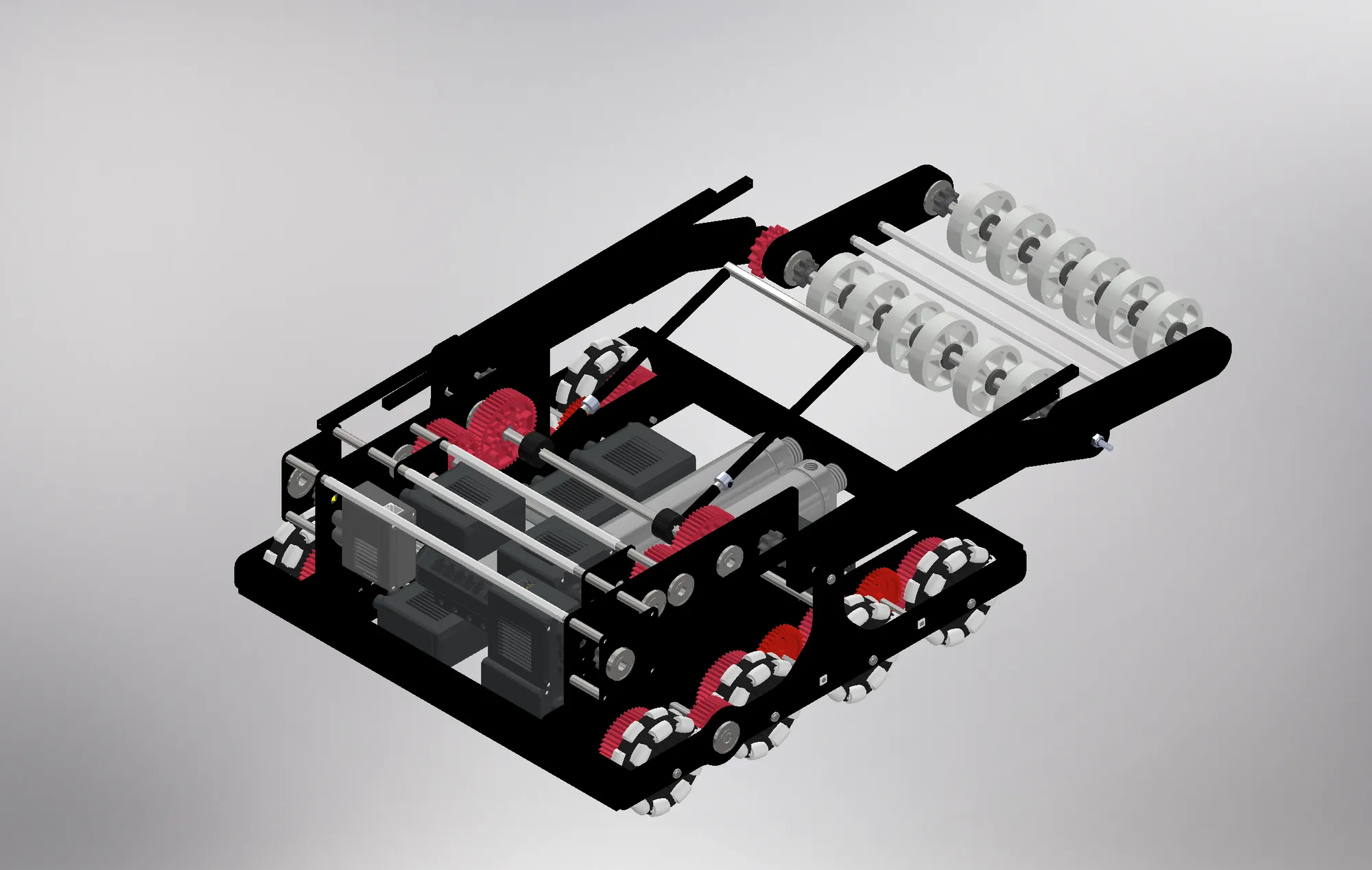 CAD render: plates, drive pods, intake