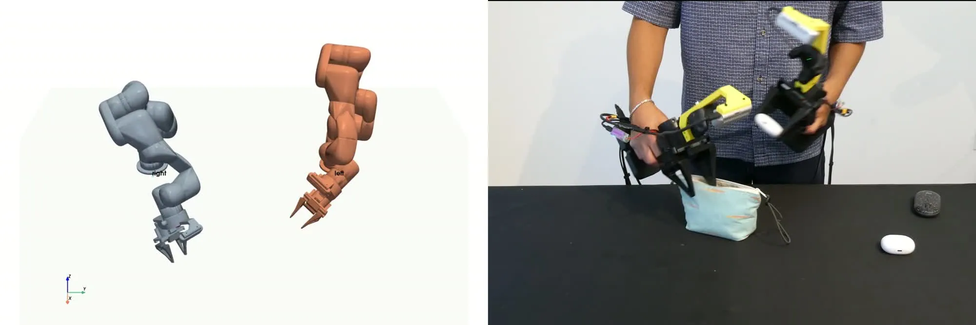 Retargeted arms in sim, left; the handheld demonstration that produced the trajectory, right