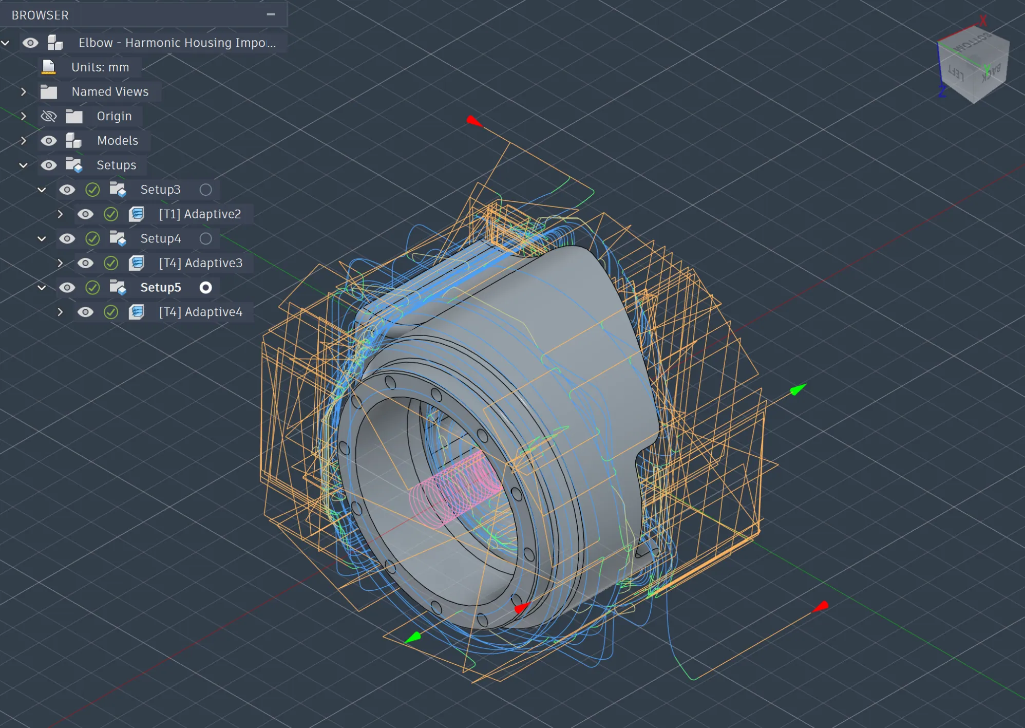 Fusion CAM setup: elbow harmonic housing toolpaths