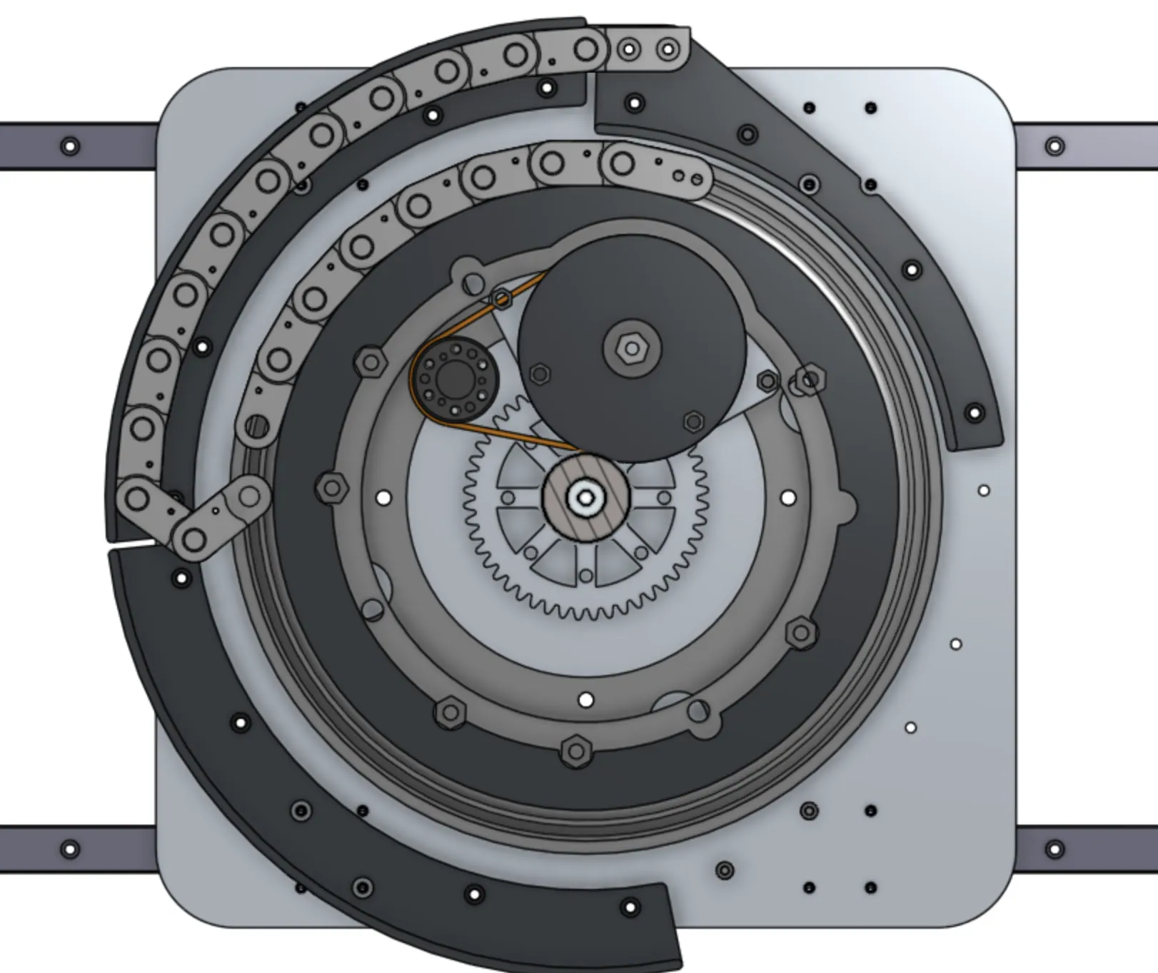 Rotating base: compound gear train, belt first stage, E-Chain ring