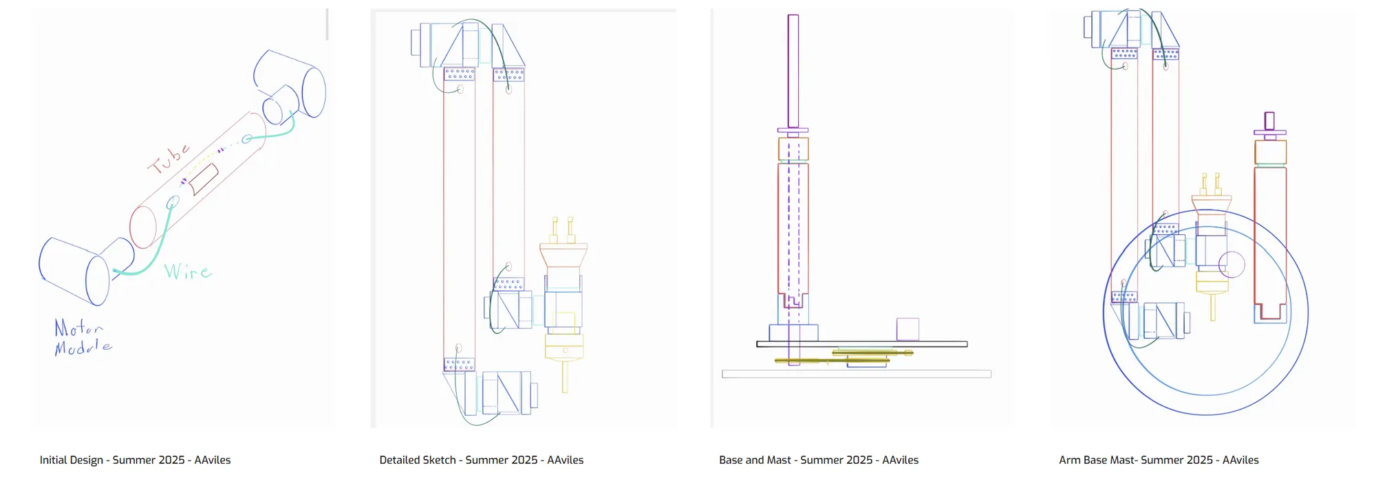 Concept sequence: initial design, detailed sketch, base and mast, arm/base/mast, Summer 2025