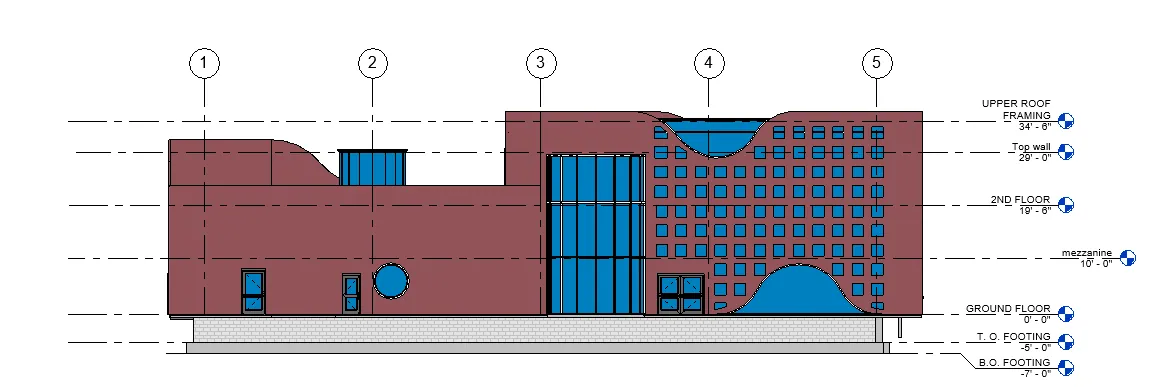 Elevation: brick and glazing against the retained structure