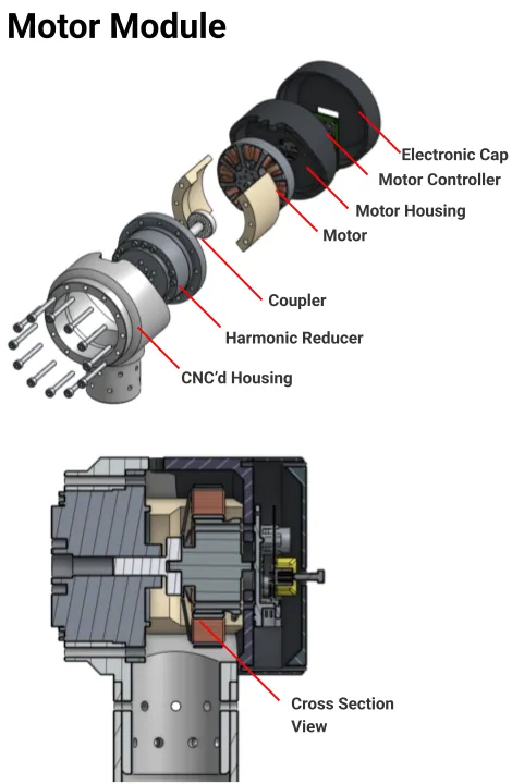 Motor module: exploded and in section