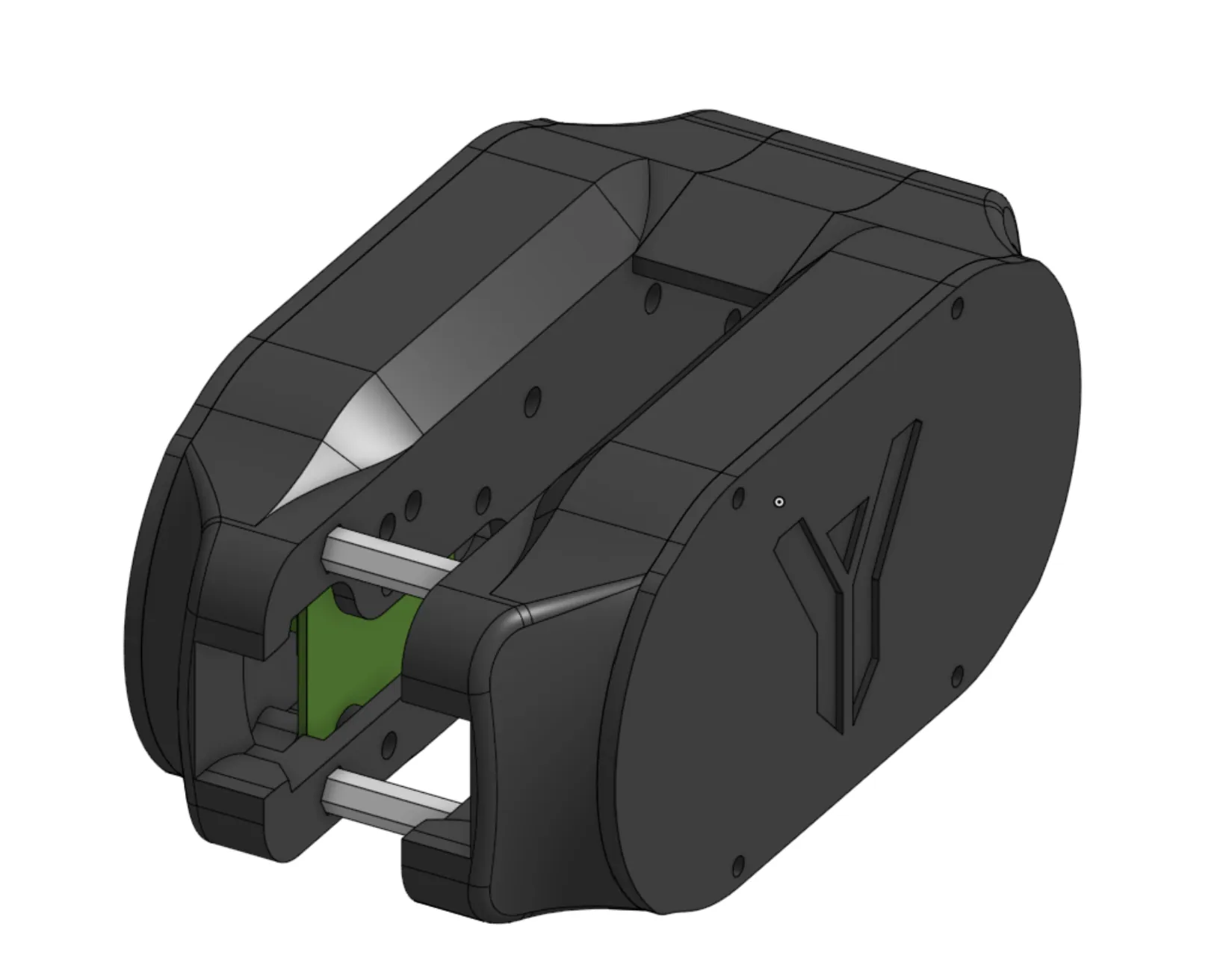 Electronics enclosure, ghosted to show the stack