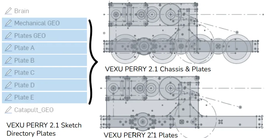 Onshape sketch directory: chassis, plates A–E, catapult geometry