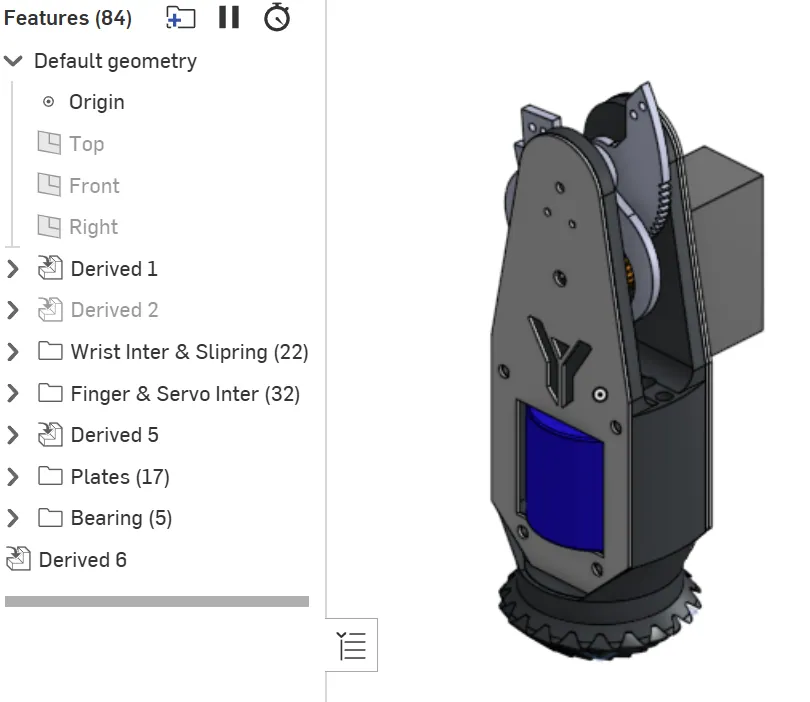 Onshape tree: wrist interface and slip ring, finger and servo interface, plates, bearings