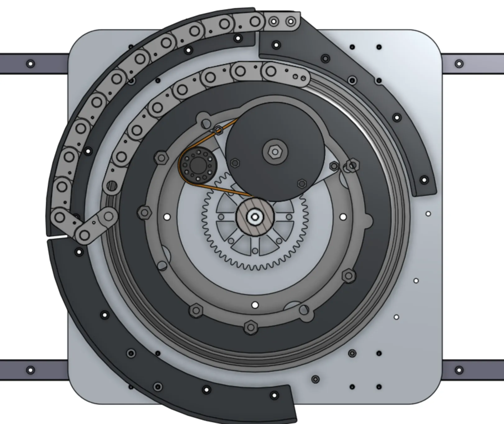 Compound gear train: belt first stage into the planetary